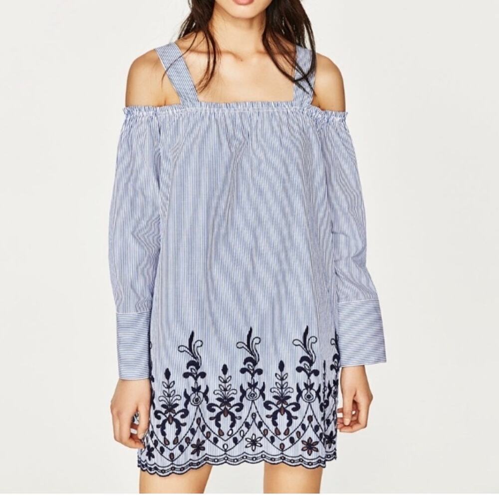 Zara Trafaluc Embroidered Blue Striped Mini Dress Off Shoulder Long Sleeve Chic